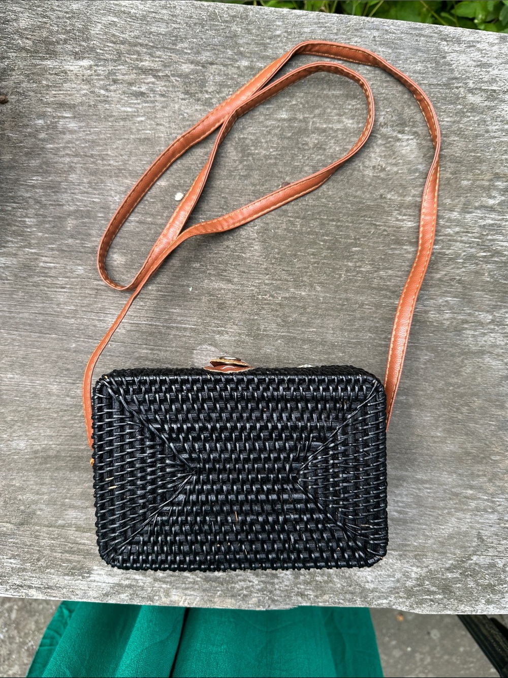 Woven Black Rattan Crossbody Bag with Tan Strap